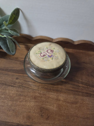 Vtg Glass Powder Jar w/ Metal Floral Lid - Rsv