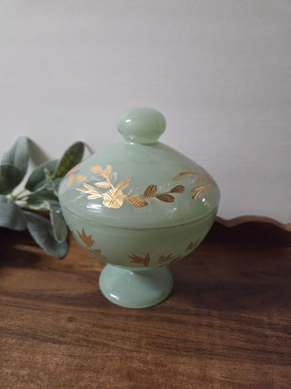 Green Glass w/ Gold Etchings Candy Dish w/ Lid- RSV