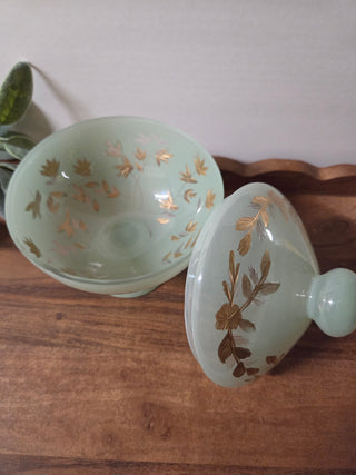 Green Glass w/ Gold Etchings Candy Dish w/ Lid- RSV