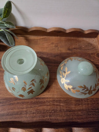 Green Glass w/ Gold Etchings Candy Dish w/ Lid- RSV