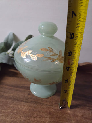Green Glass w/ Gold Etchings Candy Dish w/ Lid- RSV