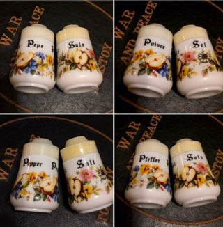 Vtg Milk Glass Salt & Pepper Shakers in Multi-Languages- RSV