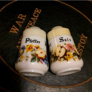 Vtg Milk Glass Salt & Pepper Shakers in Multi-Languages- RSV