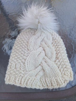 Cream Hand Knit Cable Beanie with Pom Poms