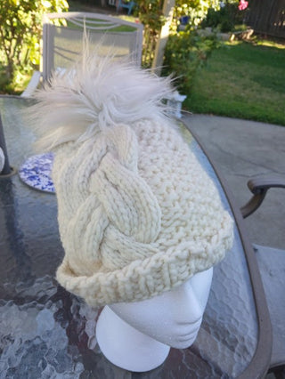 Cream Hand Knit Cable Beanie with Pom Poms