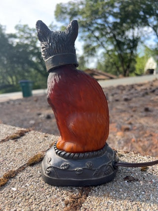 JP vintage Tin Chi amber art glass cat lamp