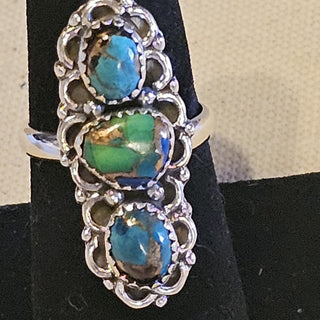 .925 3 stone blue/peacock dahlia ring size 7