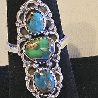 .925 3 stone blue/peacock dahlia ring size 7