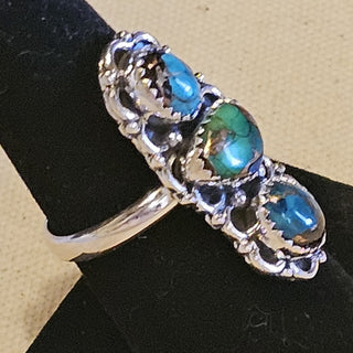 .925 3 stone blue/peacock dahlia ring size 7
