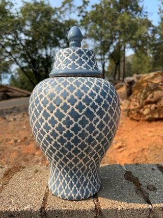 14” Ceramic Latticed Blue & White Ginger Jar