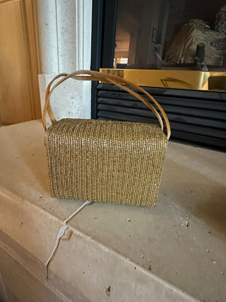 Vtg. La Regale Gold beaded Box Handbag 5.5" x 4". RCD|75948