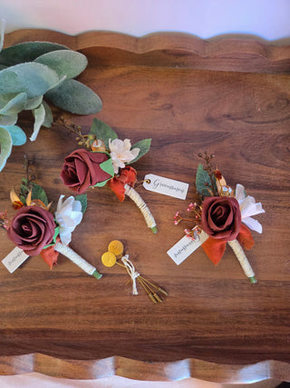 Burnt Orange Wedding Flower Boutineer (set of 3)