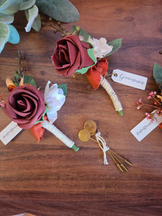 Burnt Orange Wedding Flower Boutineer (set of 3)