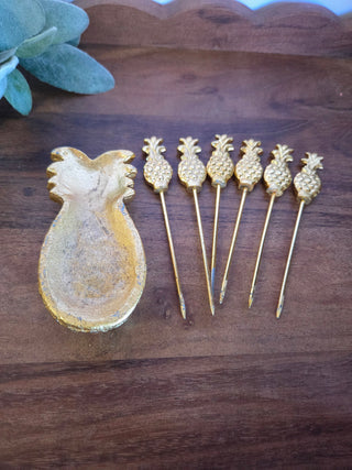 Vtg MCM Gold Gilded Metal Pineapple Picks/Holder