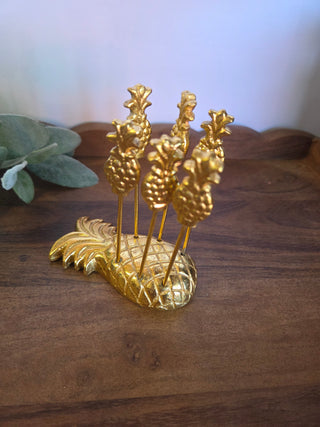Vtg MCM Gold Gilded Metal Pineapple Picks/Holder