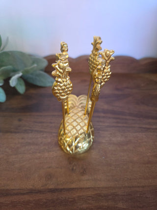 Vtg MCM Gold Gilded Metal Pineapple Picks/Holder