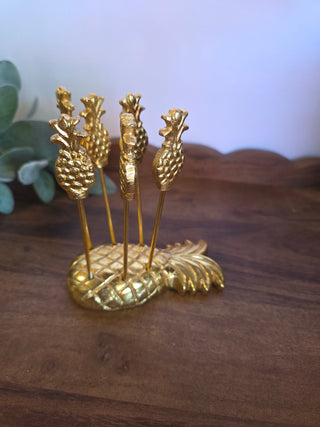 Vtg MCM Gold Gilded Metal Pineapple Picks/Holder