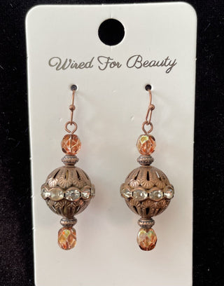 earrings, antique copper beads encircled w/ rhinestones RSV