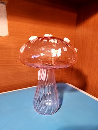 Beautiful pink blowing glass mushroom with bows, ten inches tall