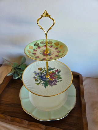 Floral Grn. 3Tier China Dessert Stand