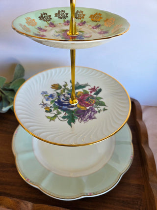 Floral Grn. 3Tier China Dessert Stand