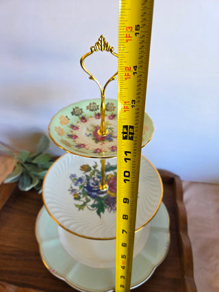 Floral Grn. 3Tier China Dessert Stand