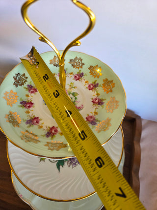 Floral Grn. 3Tier China Dessert Stand
