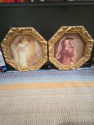 Vintage Burwood Octagon Shape Jesus Pictures Pair Gold Framed Wall Art