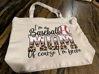 "I'm a Baseball Mom" Leopard Large Zippered Canvas Bag or Tote RSV