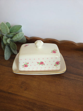 Pink & Wht Floral Butter Dish w/ Lid