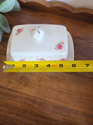 Pink & Wht Floral Butter Dish w/ Lid