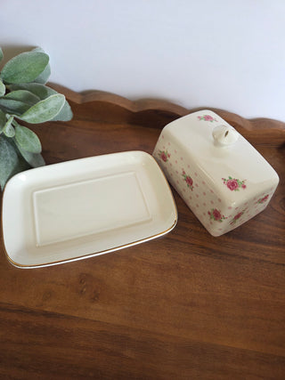 Pink & Wht Floral Butter Dish w/ Lid