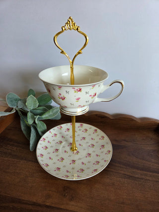 Pink & Wht Floral Teacup Stand