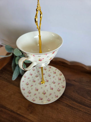 Pink & Wht Floral Teacup Stand