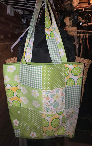 Handmade green patchwork quilted tote bag, medium sized