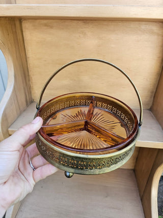 Vintage MCM Amber Dish and Metal caddy 0SW RSV