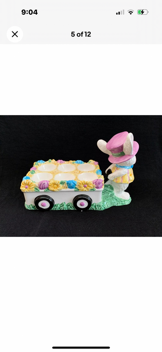 #62 VV Vintage Figi Ceramic Easter Egg cup cart holder Display stand pulled by easter bunny|55238