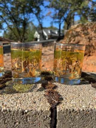 SET OF 5 Mid Century Neiman Marcus Barware Green & Gold Leaf Cocktail Rocks Glasses