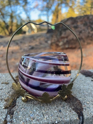 JP purple-and-white swirled art glass votive or tealight candle holder brass stand