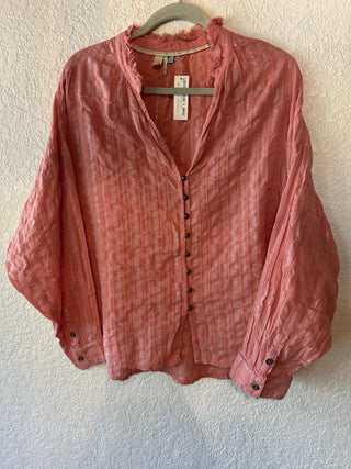 12F PILCRO ANTHROPOLOGIE Tavi Pink Metallic button down blouse size 1X MTS|65067