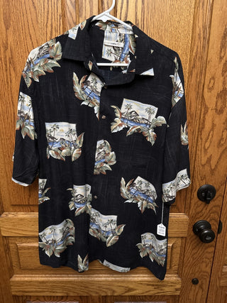 Vintage Moda Campia Men's Hawaiiian Shirt Black with Beach & Palms-RCD|93262