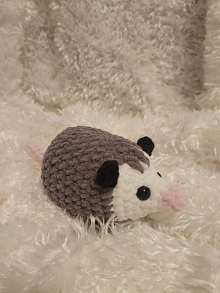 Opossum: Crocheted gray, black, white, pink. 8 inches.