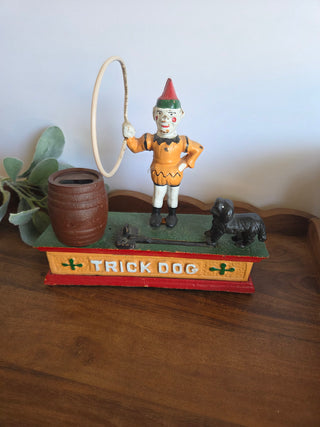 Vtg. Cast Iron "Trick Dog" Coin Bank- hoop dmg.