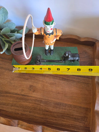 Vtg. Cast Iron "Trick Dog" Coin Bank- hoop dmg.