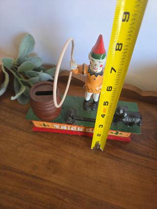 Vtg. Cast Iron "Trick Dog" Coin Bank- hoop dmg.