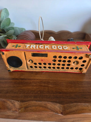 Vtg. Cast Iron "Trick Dog" Coin Bank- hoop dmg.