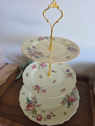 Vtg Ivory Floral 3Tier Plate Stand