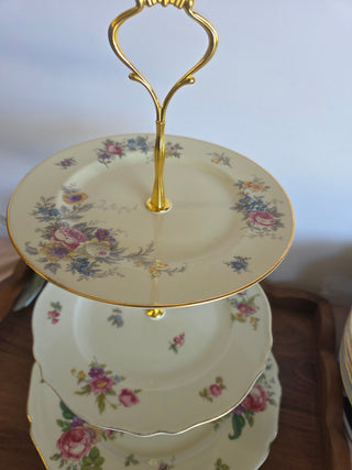 Vtg Ivory Floral 3Tier Plate Stand