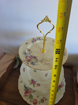 Vtg Ivory Floral 3Tier Plate Stand