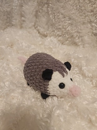 Opossum: Crocheted gray, black, white, pink. 8 inches.